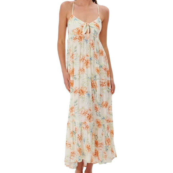 Rip Curl NWT Sol Seeker Maxi Dress Floral White Size L Smocked Hawaiian Tropical - Picture 1 of 12
